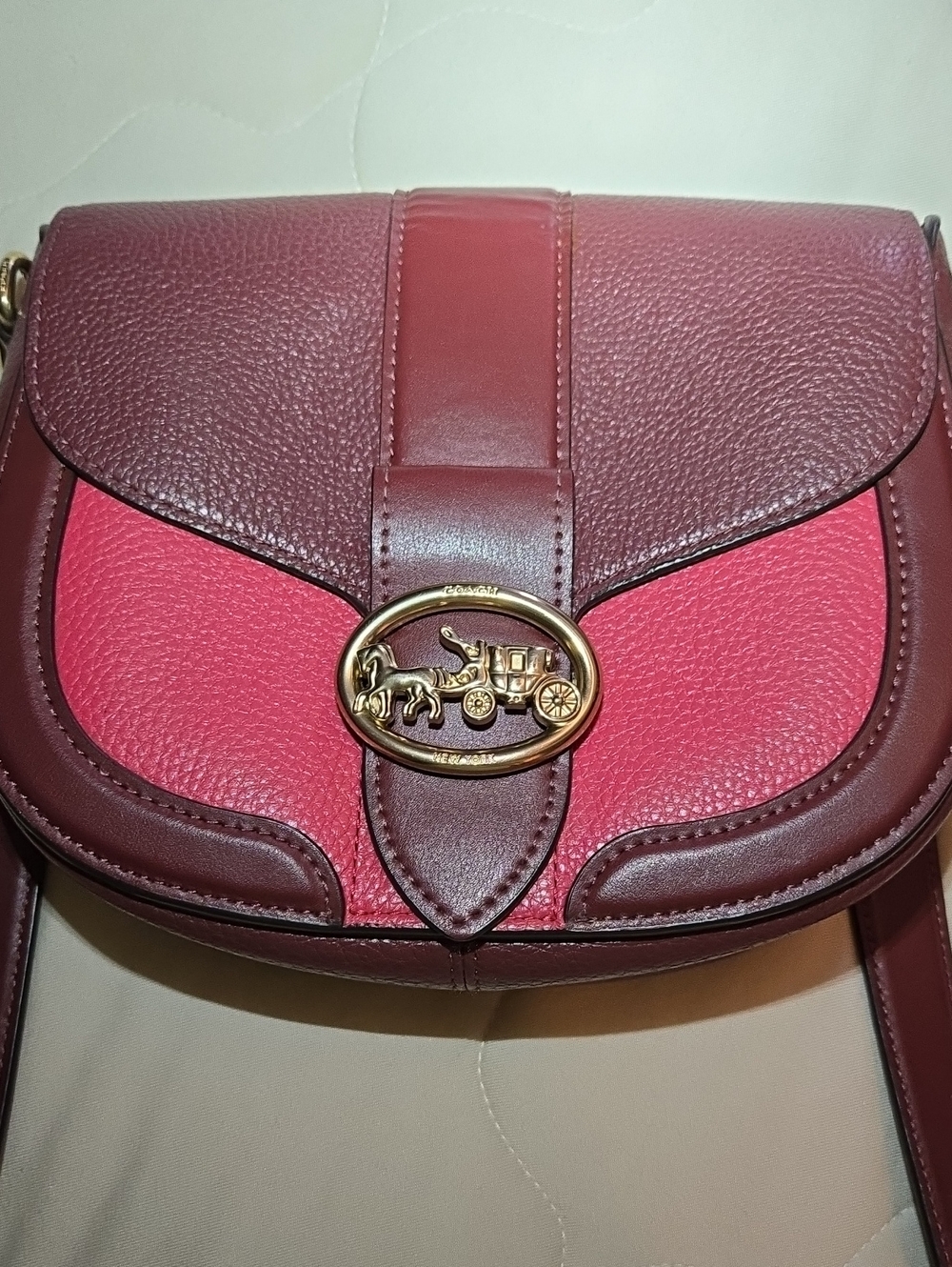 Coach Georgie Two-Tone Pink and Burgundy Saddle with Gold Hardware - Picture 1 of 11
